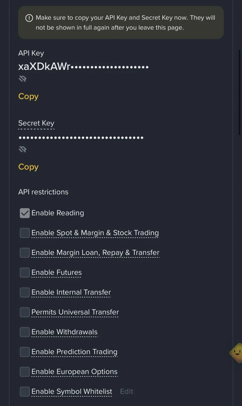 API restrictions 只勾 Enable Reading 並複製金鑰