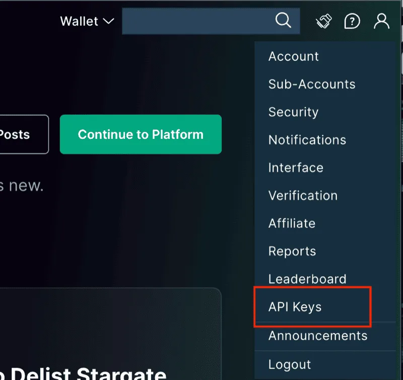 Bitfinex 帳戶選單點 API Keys