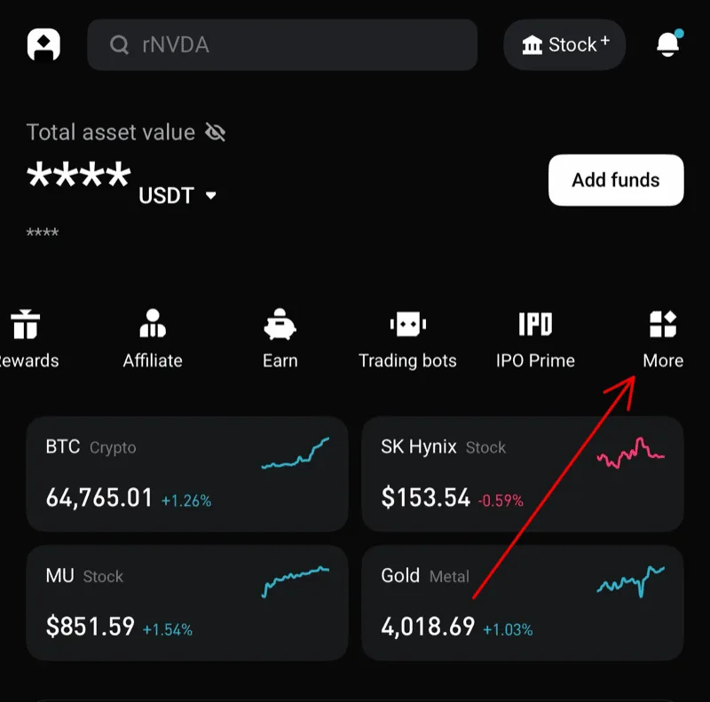 Bitget App 首頁點 More