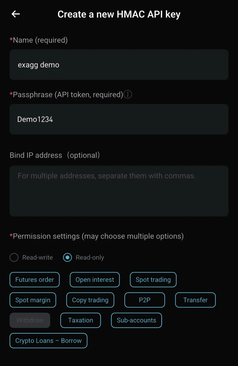 填 Name、Passphrase,選 Read-only 並勾讀取範圍