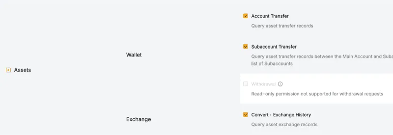 Assets 的 Wallet 與 Exchange 也勾滿,Withdrawal 灰色無法勾