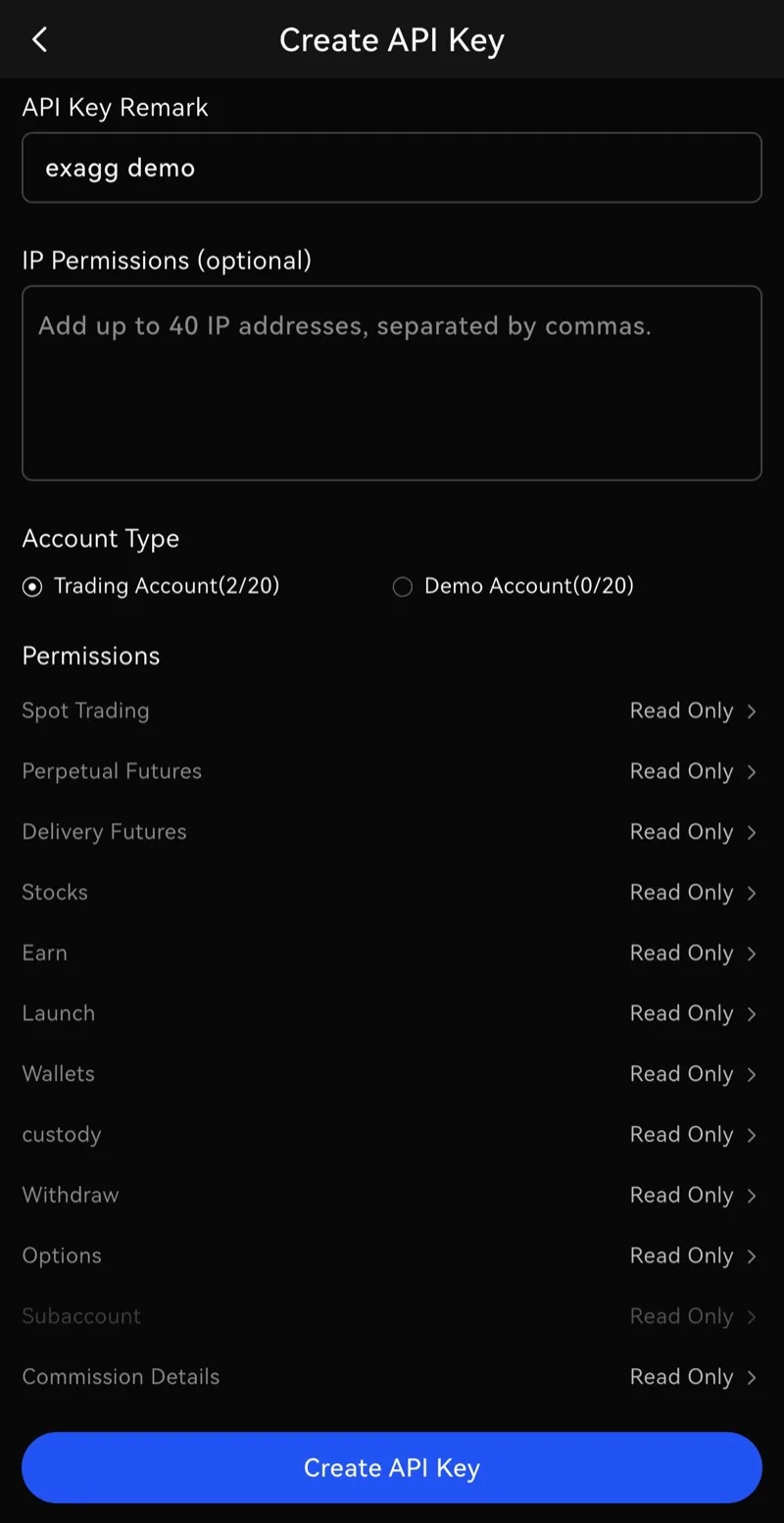 選 Trading Account 並把每項權限都設成 Read Only