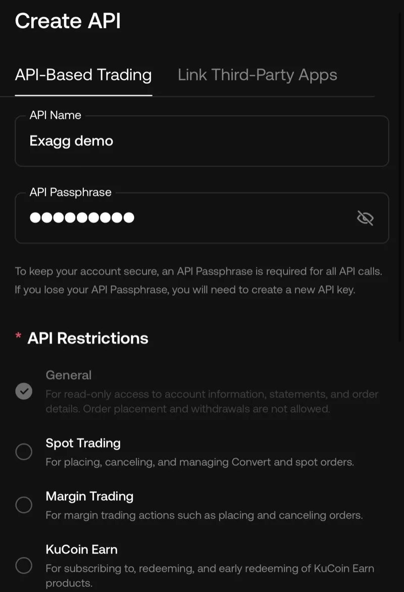 Create API 表單:填名稱與 Passphrase、只留 General 讀取