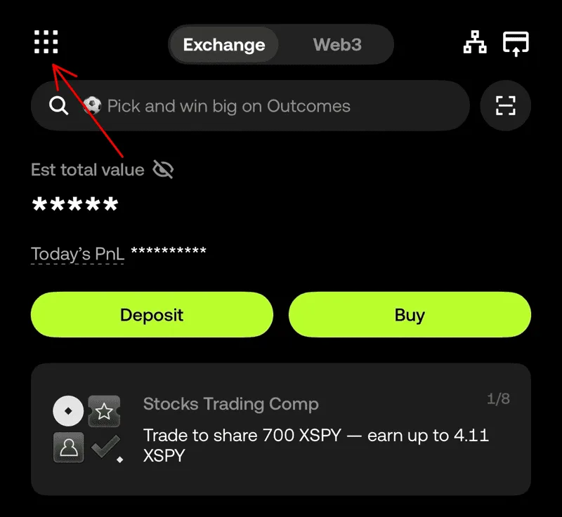 OKX App 首頁點左上角九宮格